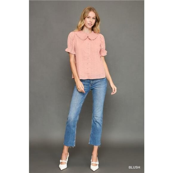 Peter Pan Collared Button Down Textured Shirt with Ruffled Detail - Picture 4 of 4